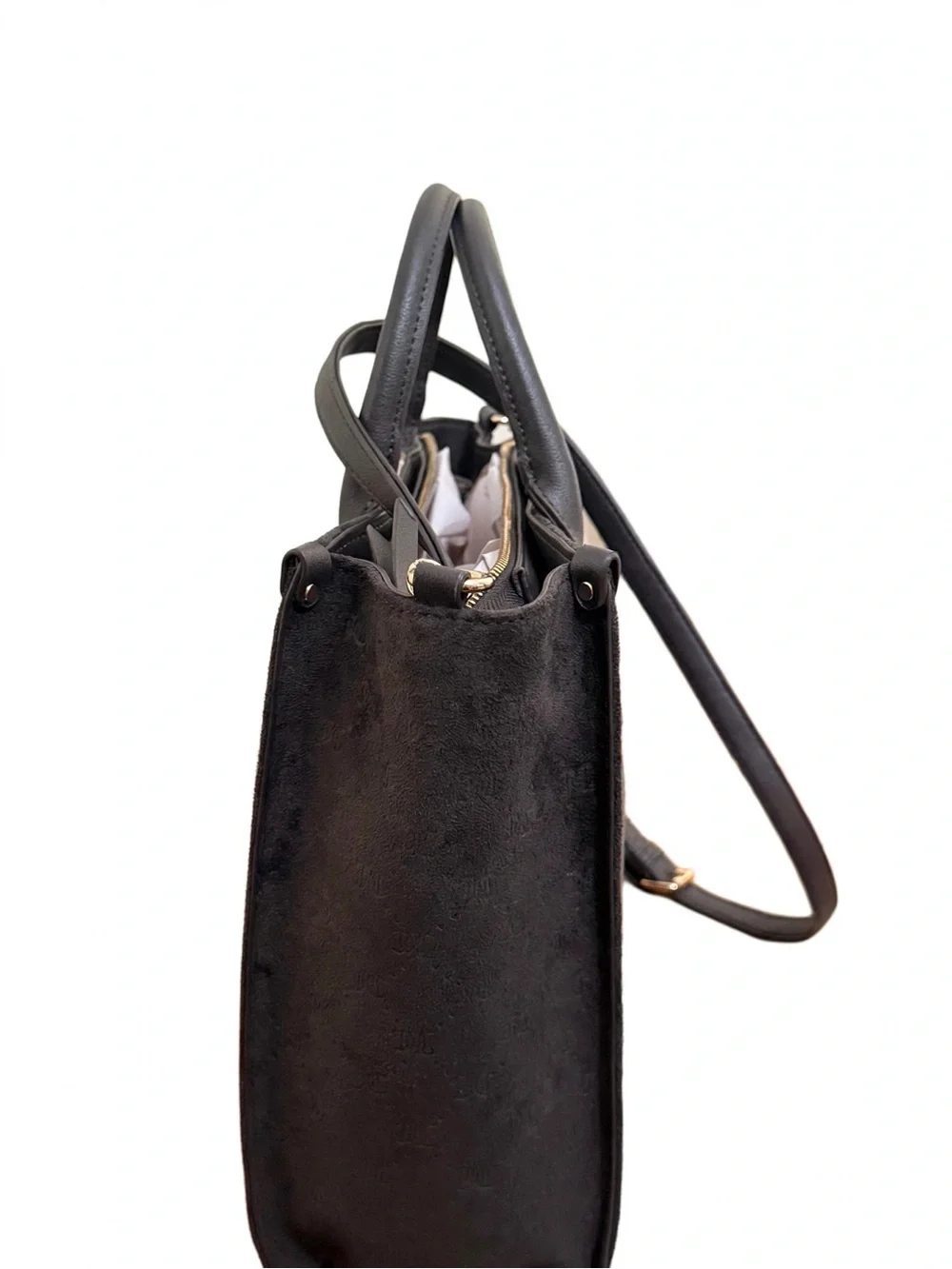 Juicy Couture Black Suede Satchel with Brown and Cream Center Stripe